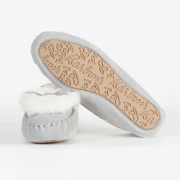 Barbour Ladies DARCIE Mocassin Slippers GRAY Suede Tartan Trim Faux Fur Size 6 - Picture 4 of 4